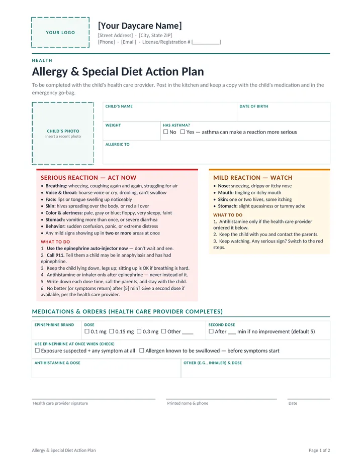 Allergy & Special Diet Action Plan