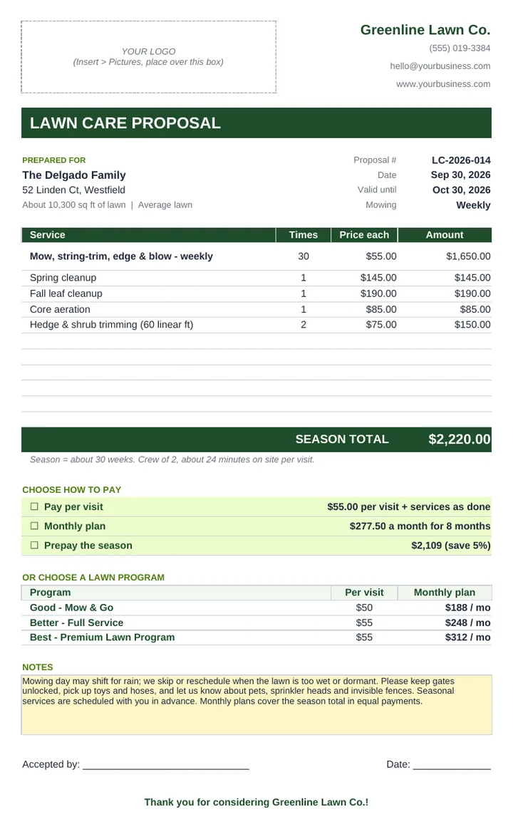 Client Quote with season and monthly plan