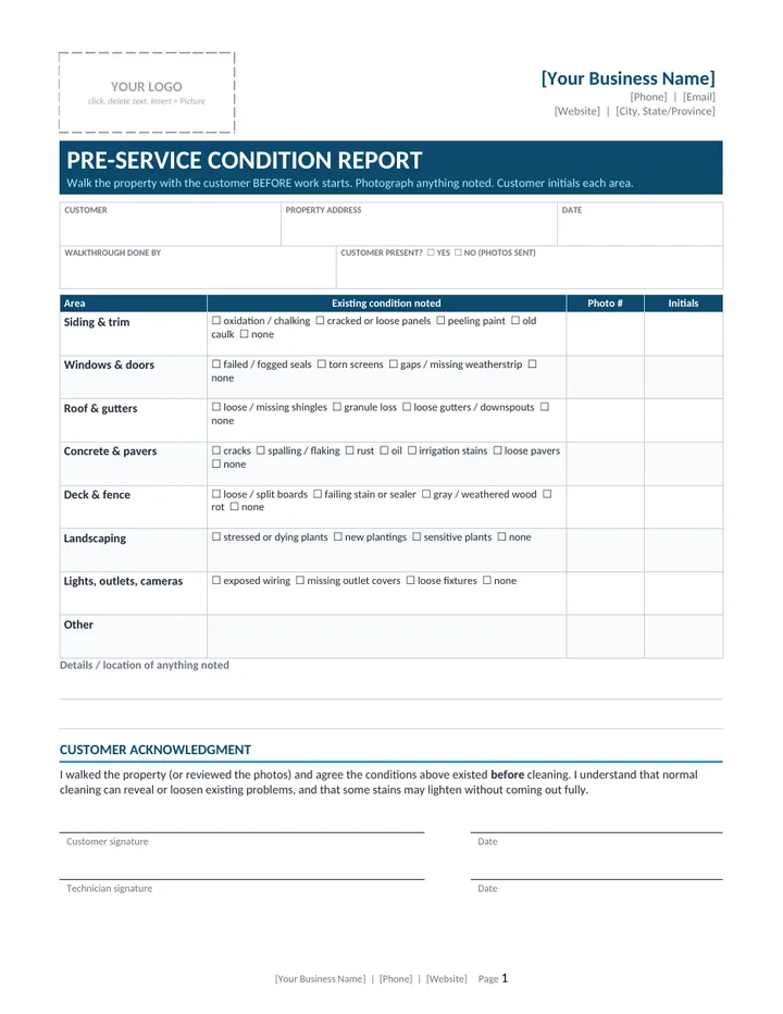 Pre-Service Condition Report